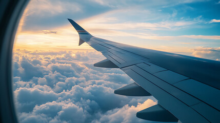 Obraz premium Airplane Passenger Seat View Looking Out Window with Wing, Sky and Clouds