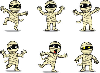 Cartoon mummy characters in beige bandages with expressive faces and poses, spooky Halloween vector illustration for kids, party, decoration, and festive design