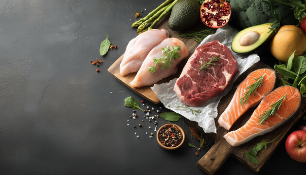raw steak, chicken, and salmon, surrounded by fresh avocado, pomegranates, and cherry tomatoes. - Powered by Adobe