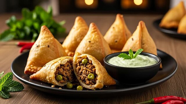 Delicious Keema Samosas with Mint Chutney - Golden-brown keema samosas are arranged on a black plate, alongside a small bowl of refreshing mint chutney.