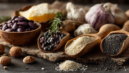 Rustic still life of assorted ingredients, including beans, grains, spices, garlic, and cheese, on a burlap surface.