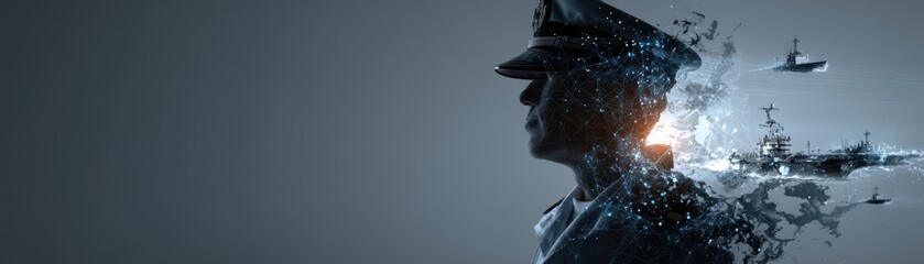 Fototapeta premium A navy officer silhouette surrounded by AI holographic elements, depicted in a modern digital style, suitable for futuristic and technology-themed projects, Navy Birthday with AI