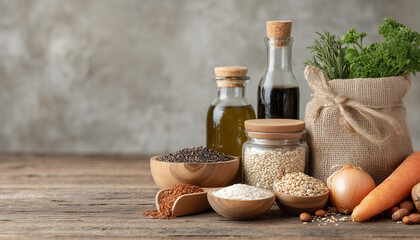 Still life of healthy cooking ingredients, including olive oil, grains, vegetables, and herbs, on a rustic wooden table.