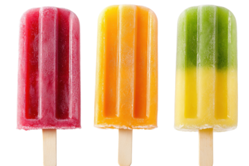 Colorful popsicles arranged on sticks with a transparent background showcasing fruity flavors and vibrant textures for a refreshing treat any time of year