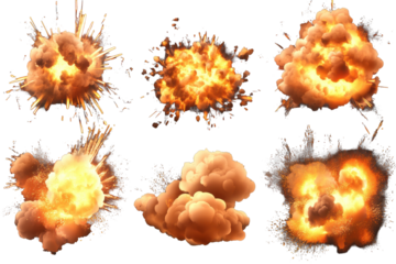 Collection of explosion effects featuring various shapes and sizes isolated on a transparent background for versatile use in digital projects