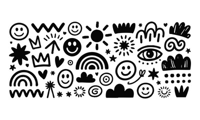 Obraz premium Hand Drawn Doodle Symbols Vector Illustration Set – Abstract Sketch Icons with Smiley Faces, Sun, Rainbow, Arrows, Heart, Cloud, and Star, easily editable and scalable.