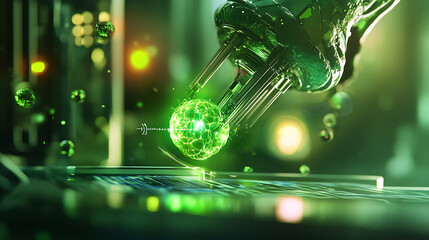 Elegant green nanobot performing a diagnostic scan on a living tissue sample 