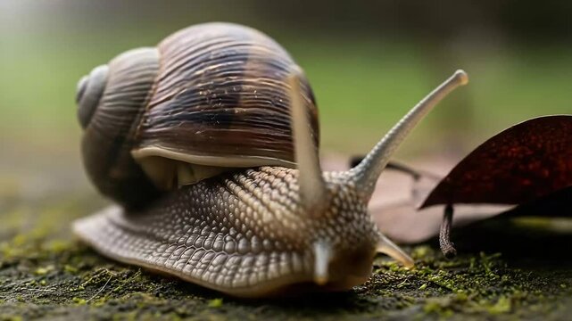 Close up macro shot of a snail crawling on mossy ground in a garden, showing detailed texture of skin and shell