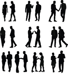 Business people silhouettes, teamwork communication vector, office meeting conversation, professional handshake pose, colleagues in discussion, corporate group talk