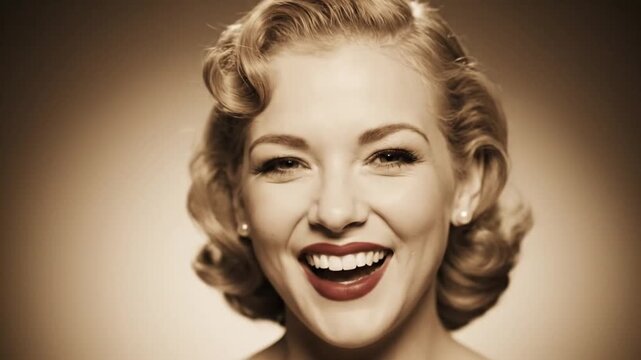 retro woman laughing happily with sepia tone