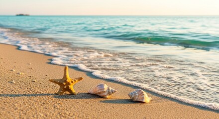Obraz premium Seashells and starfish on sandy beach with gentle waves on a sunny day