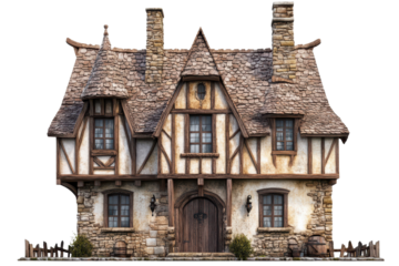 Medieval European house showcasing intricate architecture and rustic charm, resembling a fantasy setting in a serene village environment