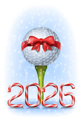 Golf ball tied with a red bow on green tee with candy cane numbers of 2026 new year holiday. Vector illustration