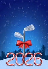 Golf irons tied with a red bow with candy cane numbers of 2026 new year holiday. Vector  illustration on snowy background