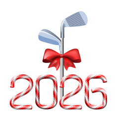 Golf irons tied with a red bow with candy cane numbers of 2026 new year holiday. Vector isolated illustration on white background