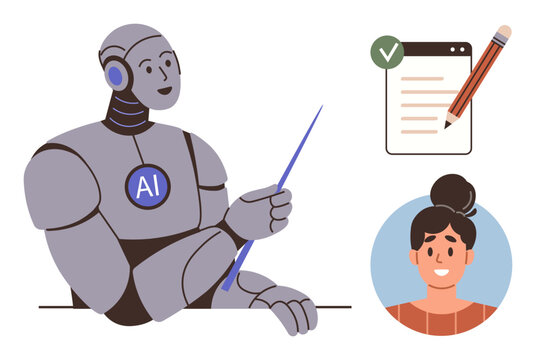 AI robot holding pointer, guiding with checklist and pencil as tools, alongside attentive student. Ideal for education, learning, AI assistance, technology adoption, training, mentorship innovation