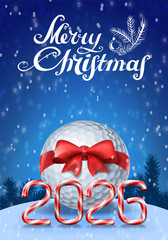 Golf ball tied with a red bow with candy cane numbers of 2026 new year holiday on blue snowy background. Vector illustration