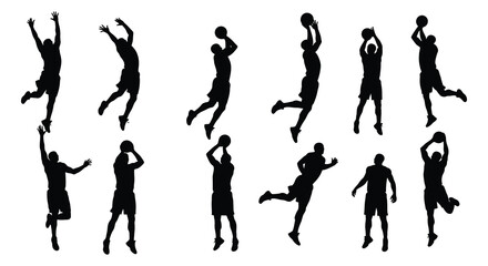 Silhouettes of basketball players in various jumping and throwing poses