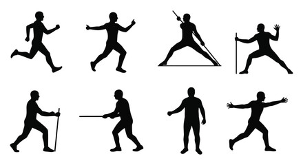 Silhouette of people performing various martial arts and sword fighting moves