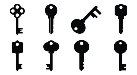 Collection of various black keys on a white background
