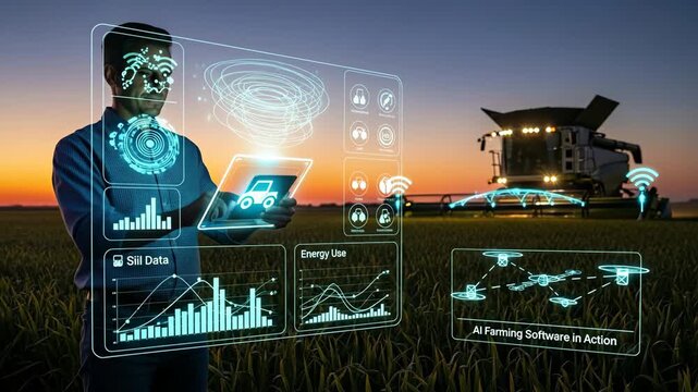 Smart Farming Technology: Farmer Using Tablet in Field - A farmer uses a tablet displaying soil data and energy use information in a field at sunset.