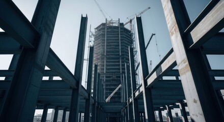 Fototapeta premium Skyscraper under construction, steel beams framework reaching toward the sky