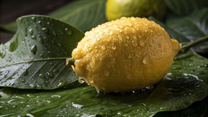 Healthy and fresh lemon dessert with water drops on a vibrant yellow flower