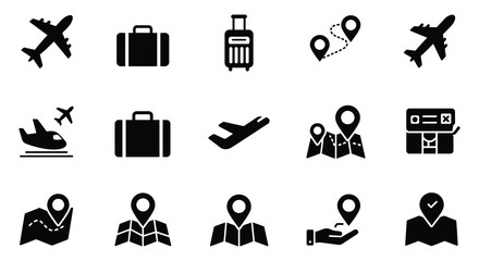 Travel and transportation icons in black and white