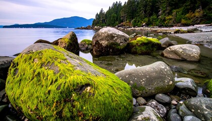 Coastal rocks covered in vibrant green moss, calm water, and distant mountains