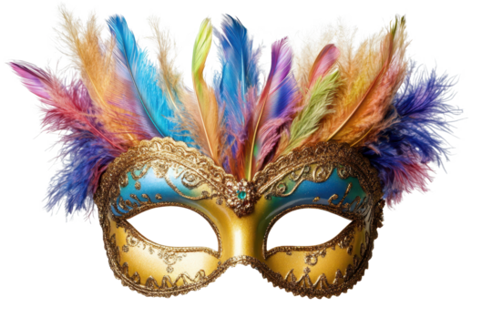 Colorful carnival mask with vibrant feathers showcasing intricate designs perfect for festive celebrations and masquerade events
