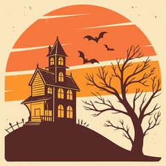 Haunted House with Bats and Sunset