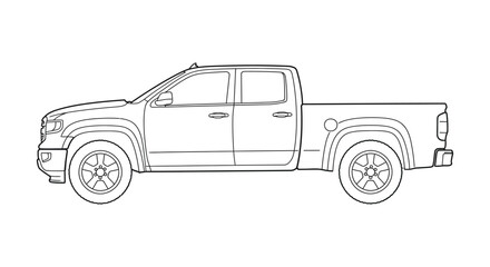 A line drawing of a pickup truck with four doors and large wheels
