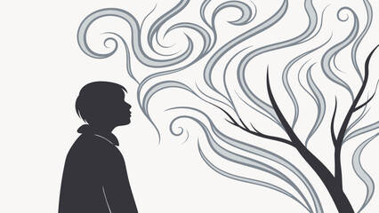Silhouette of Man with Abstract Wind Swirls Illustration