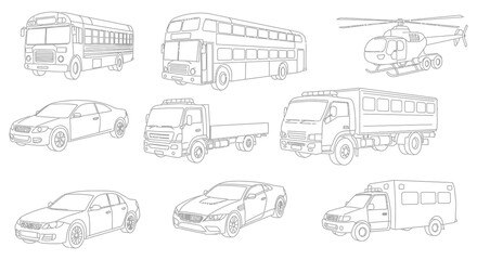 Collection of various vehicles including buses trucks cars and a helicopter