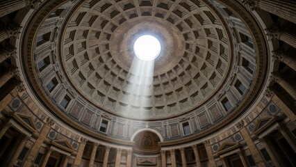 Obraz premium The interior of the Pantheon dome in Rome with a ray of light from the oculus.
