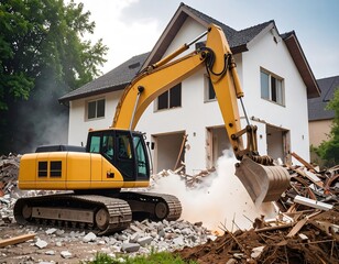 Excavator Demolishing a House with Debris and Smoke.