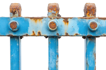 Rusty blue bar fence isolated on a white background highlighting weathered texture and patina from prolonged exposure to the elements showcasing industrial aesthetics