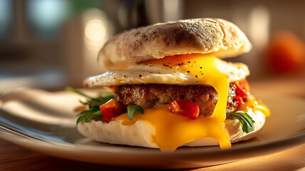 English muffin breakfast sandwich with sausage and cheese, concept of fast food
