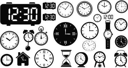 Timekeeping device illustrations set, black and white vector with analog clocks, digital timers, watches, hourglasses, scheduling concept design