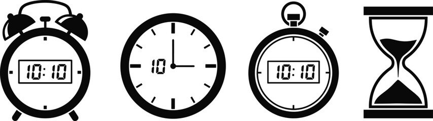 Timekeeping devices set with analog clock, digital stopwatch, wall clock, hourglass, black vector icons for scheduling, productivity illustration