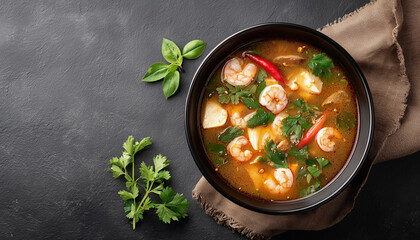 delicious bowl of Tom Yum Goong, a spicy Thai soup with shrimp, lime, and herbs on a dark rustic table.
