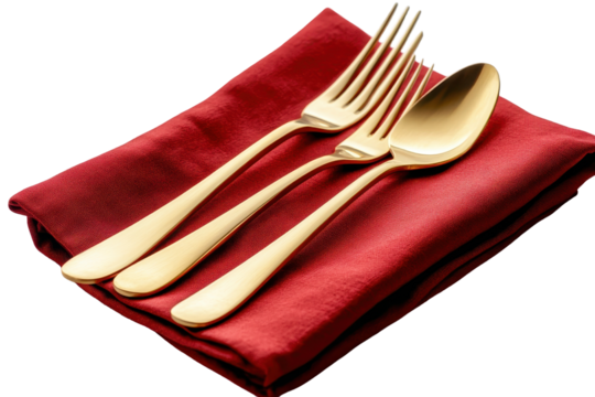 Elegant Christmas dinner table setting with golden utensils and red napkin for festive celebration