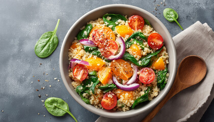 vibrant and healthy quinoa salad with fresh spinach, tomatoes, and red onion, served in a wooden bowl with a spoon.