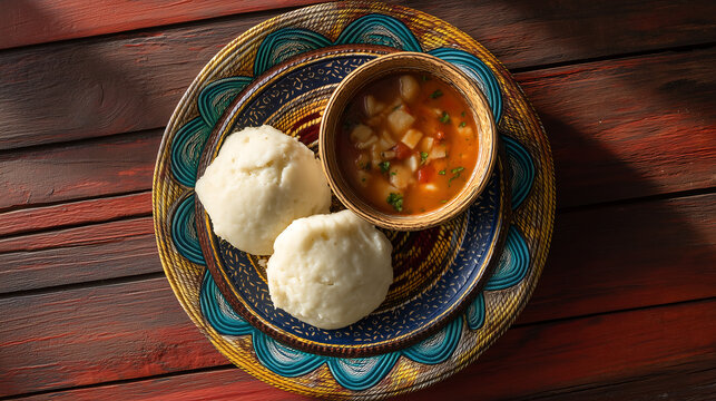 Traditional African fufu with soup, concept of ethnic cuisine
