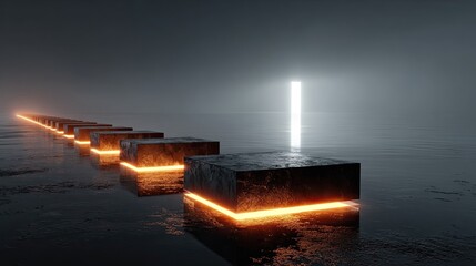 Obraz premium Futuristic landscape with glowing blocks.