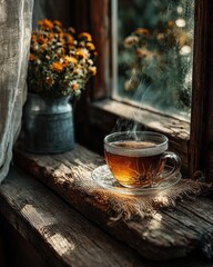 A cozy cup of steaming tea by the window.