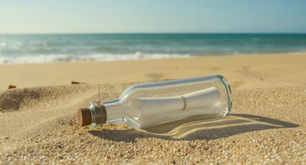 Clear glass bottle with a cork stopper and a rolled message on a sandy beach by the ocean