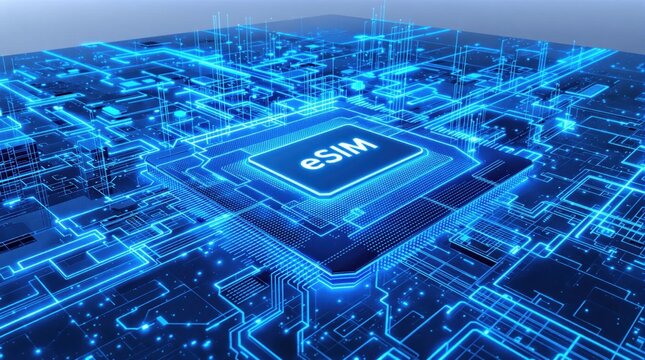 Futuristic esim microchip on a glowing blue digital circuit board network
