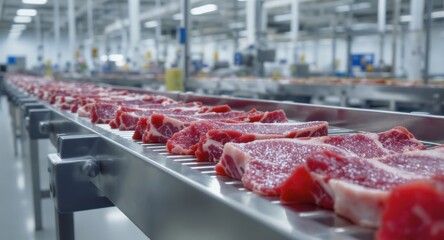 Prime cuts of deep red raw meat portions moving along a shiny stainless steel conveyor belt in a modern food processing plant