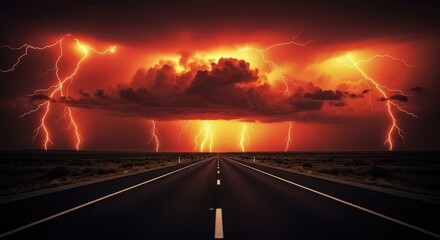 Obraz premium Dramatic Stormy Sky with Lightning Strikes Over Empty Road in Nighttime